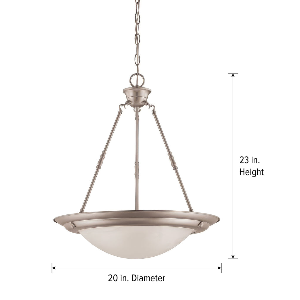 20 in. 3-Light Brushed Nickel Transitional Pendant with Alabaster Glass Shade for Entryways