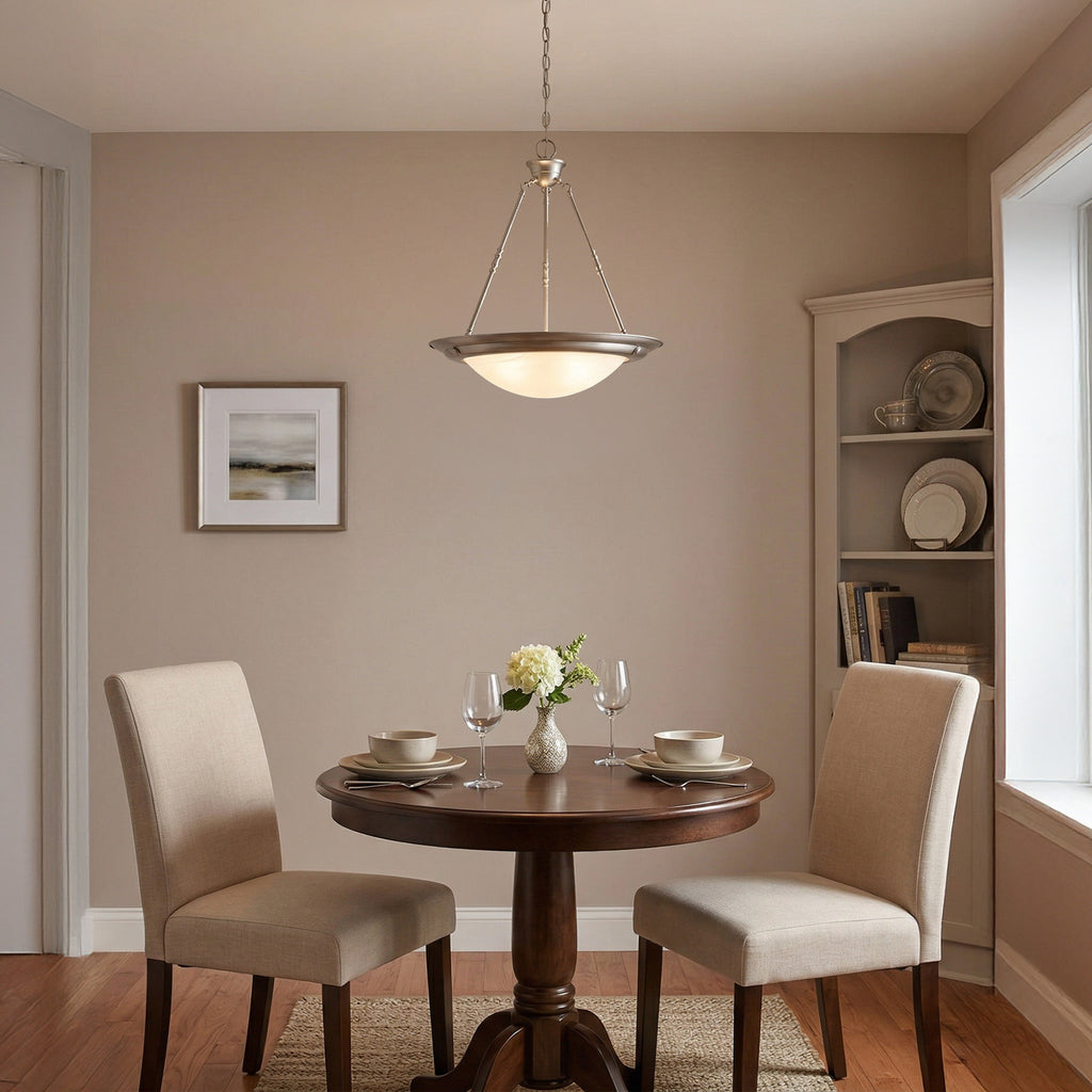 20 in. 3-Light Brushed Nickel Transitional Pendant with Alabaster Glass Shade for Entryways