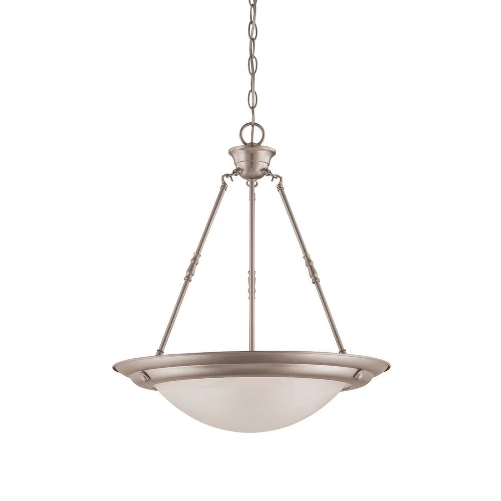 20 in. 3-Light Brushed Nickel Transitional Pendant with Alabaster Glass Shade for Entryways