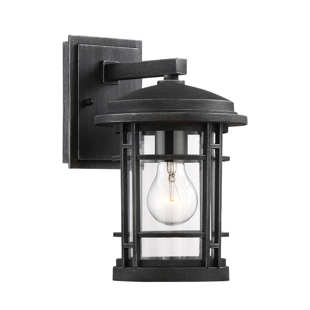 Black outdoor wall light fixture on a white background