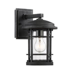 Black outdoor wall light fixture on a white background