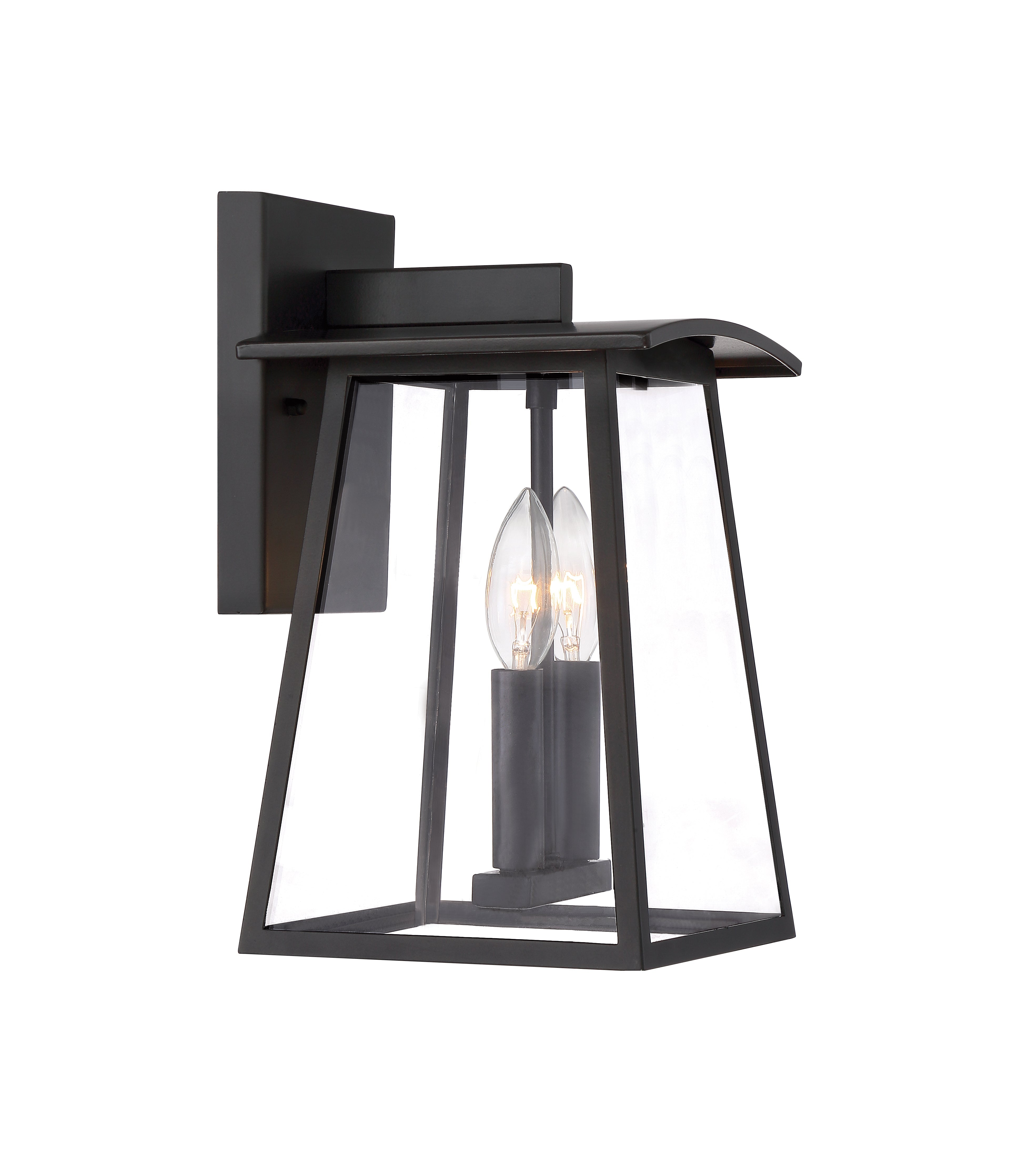 Black outdoor wall light fixture on a white background