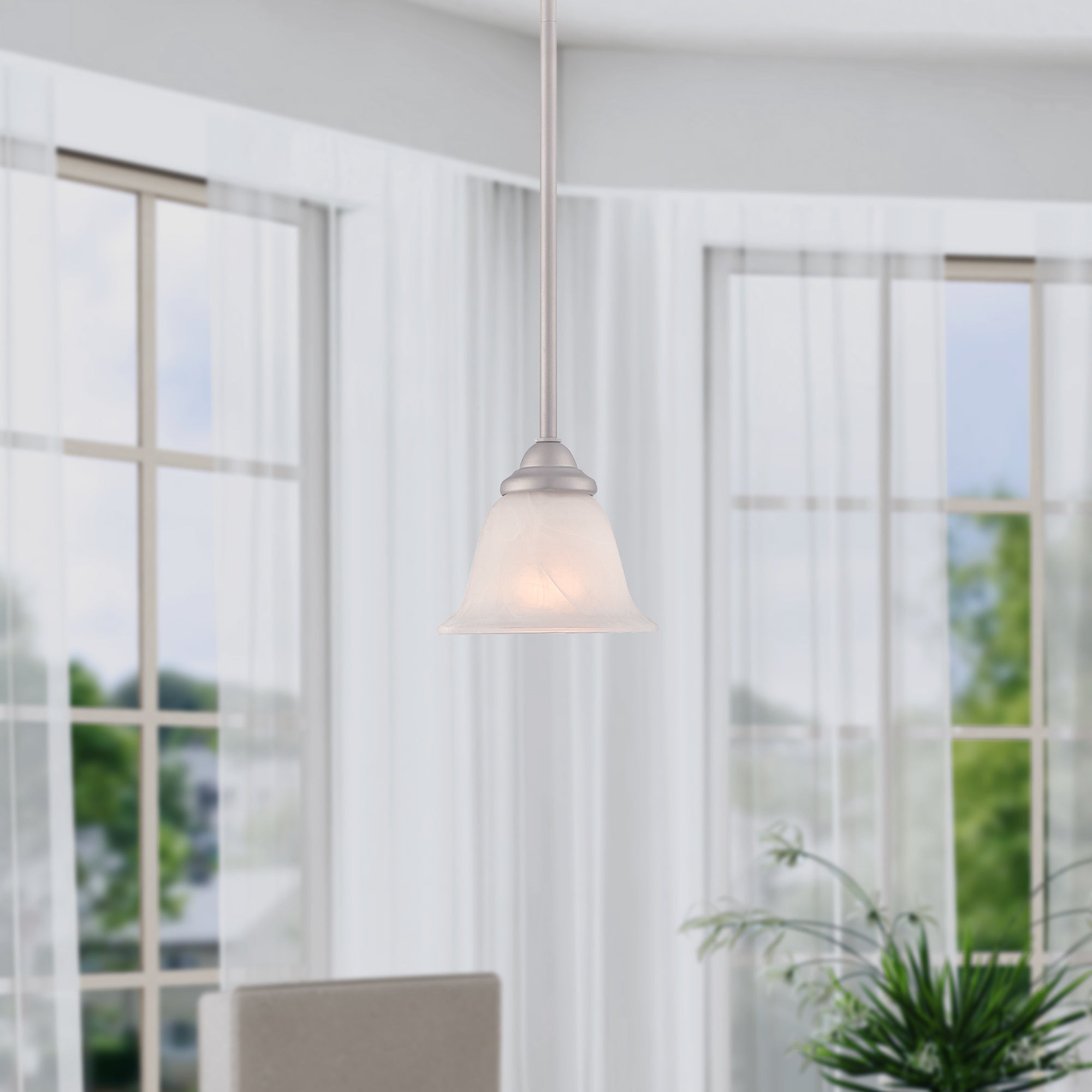 6 in. 1-Light Pewter Transitional Mini Pendant with Alabaster Glass Shade for Entryways