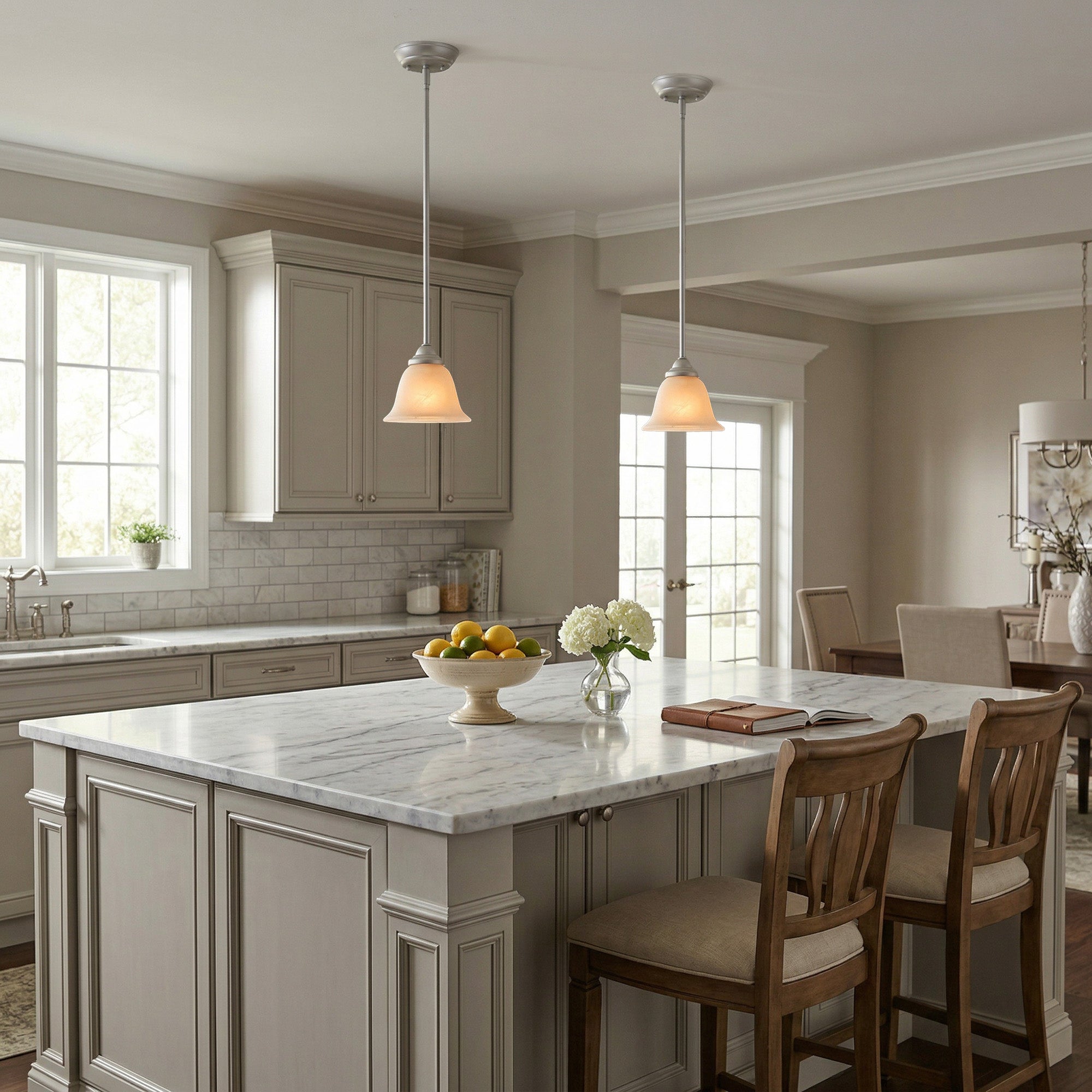 6 in. 1-Light Pewter Transitional Mini Pendant with Alabaster Glass Shade for Entryways