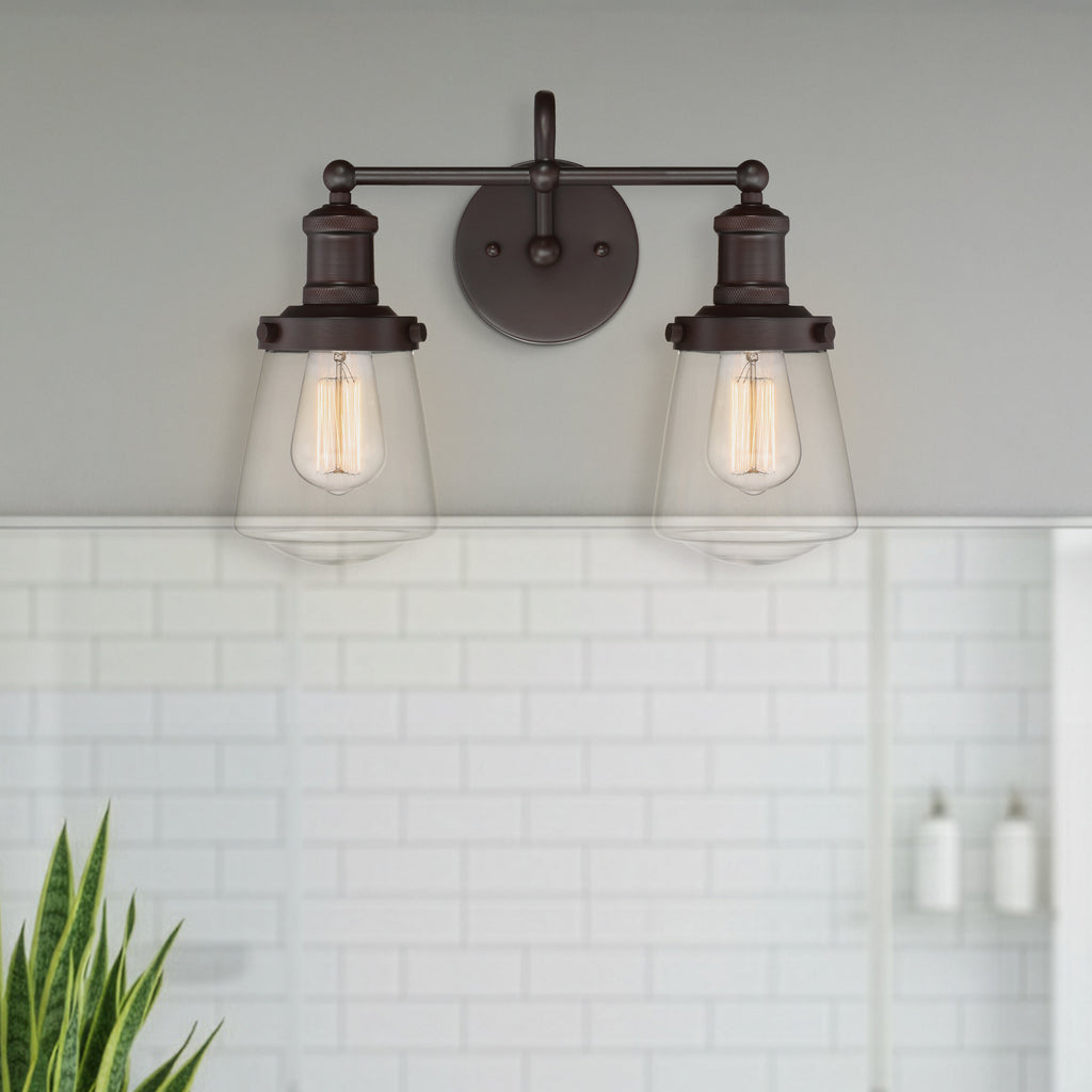 Taylor 15.25 in. 2-Light Satin Bronze Industrial Vanity Light with Clear Glass Shades