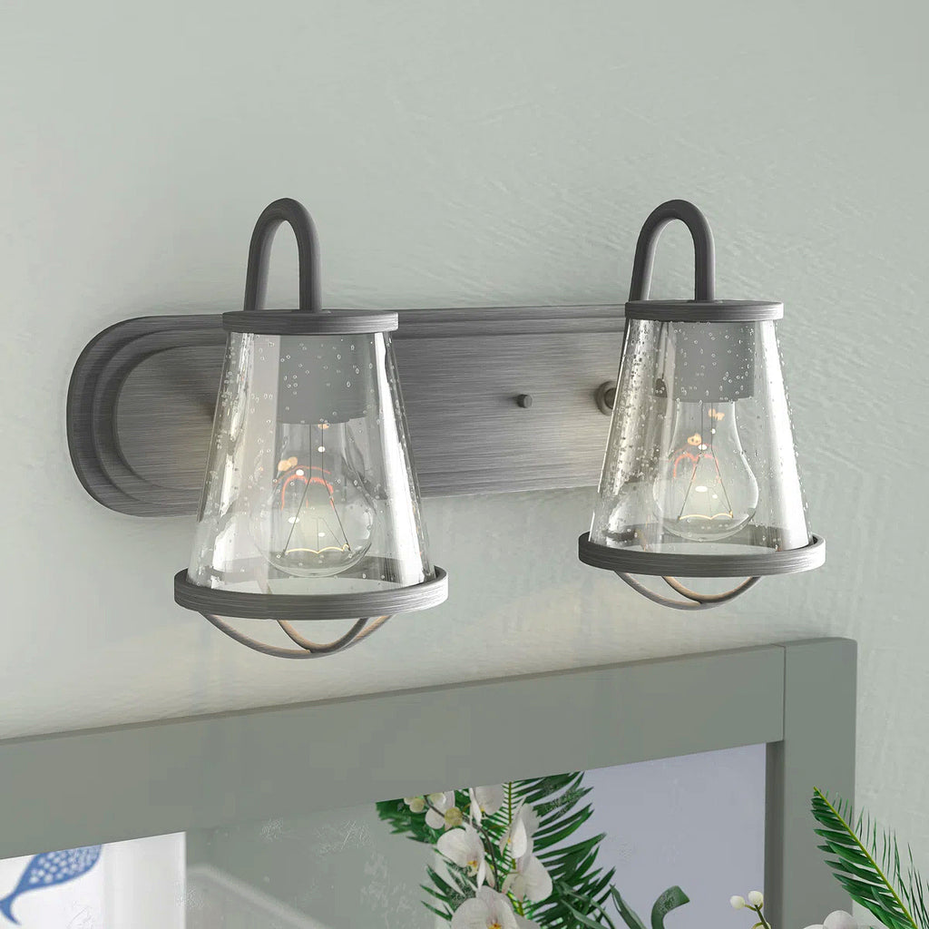 Darby 18 in. 2-Light Weathered Iron Industrial Vanity Light with Clear Seeded Glass Shades