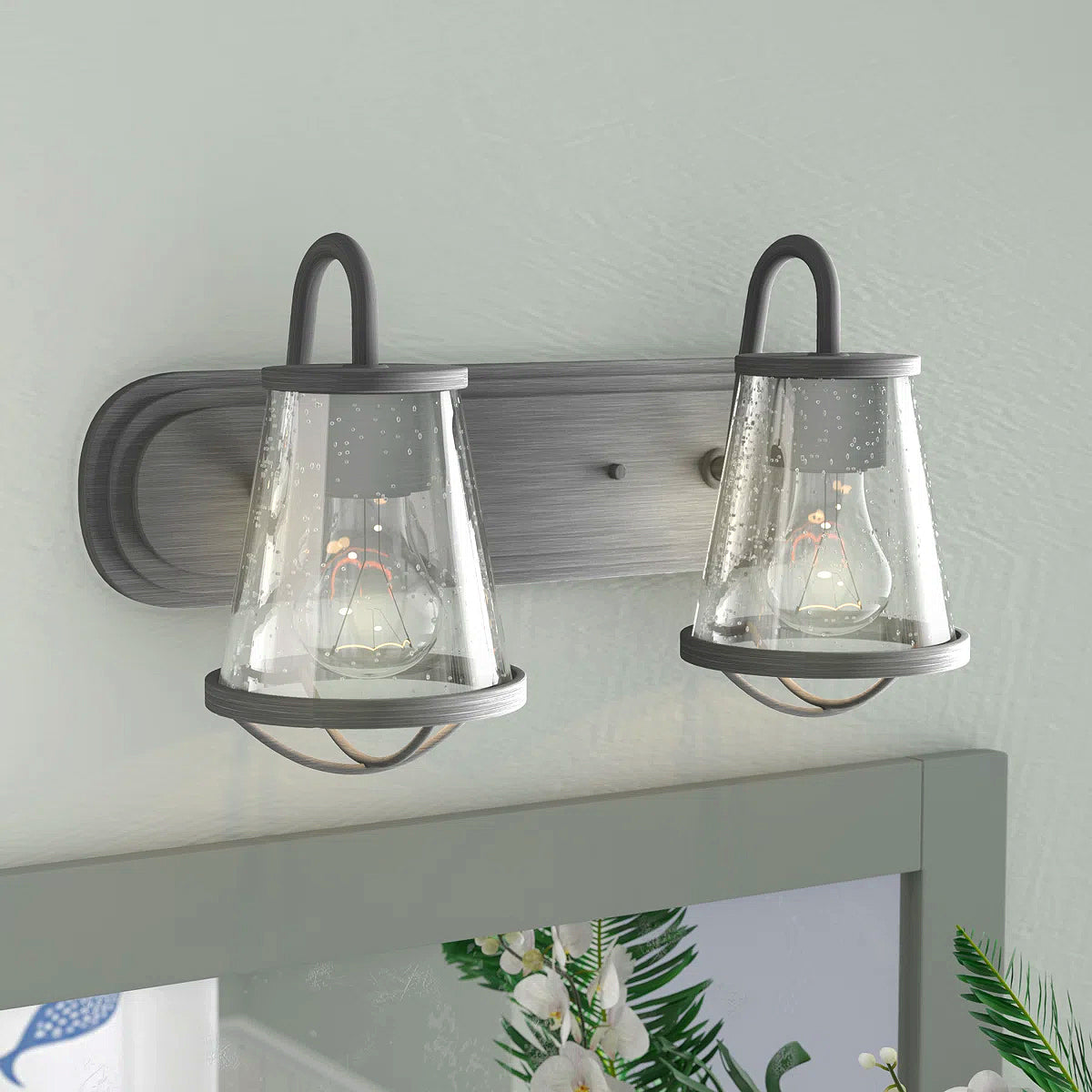 Darby 18 in. 2-Light Weathered Iron Industrial Vanity Light with Clear Seeded Glass Shades