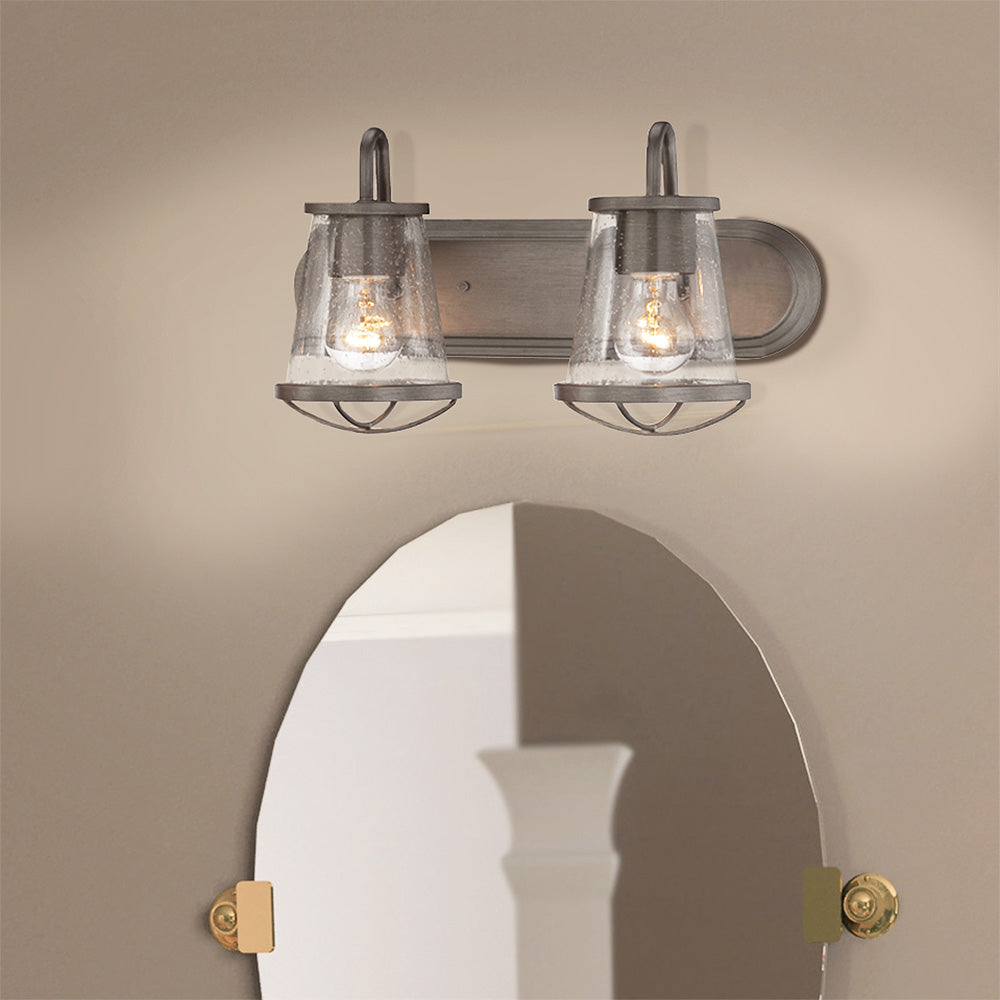 Darby 18 in. 2-Light Weathered Iron Industrial Vanity Light with Clear Seeded Glass Shades