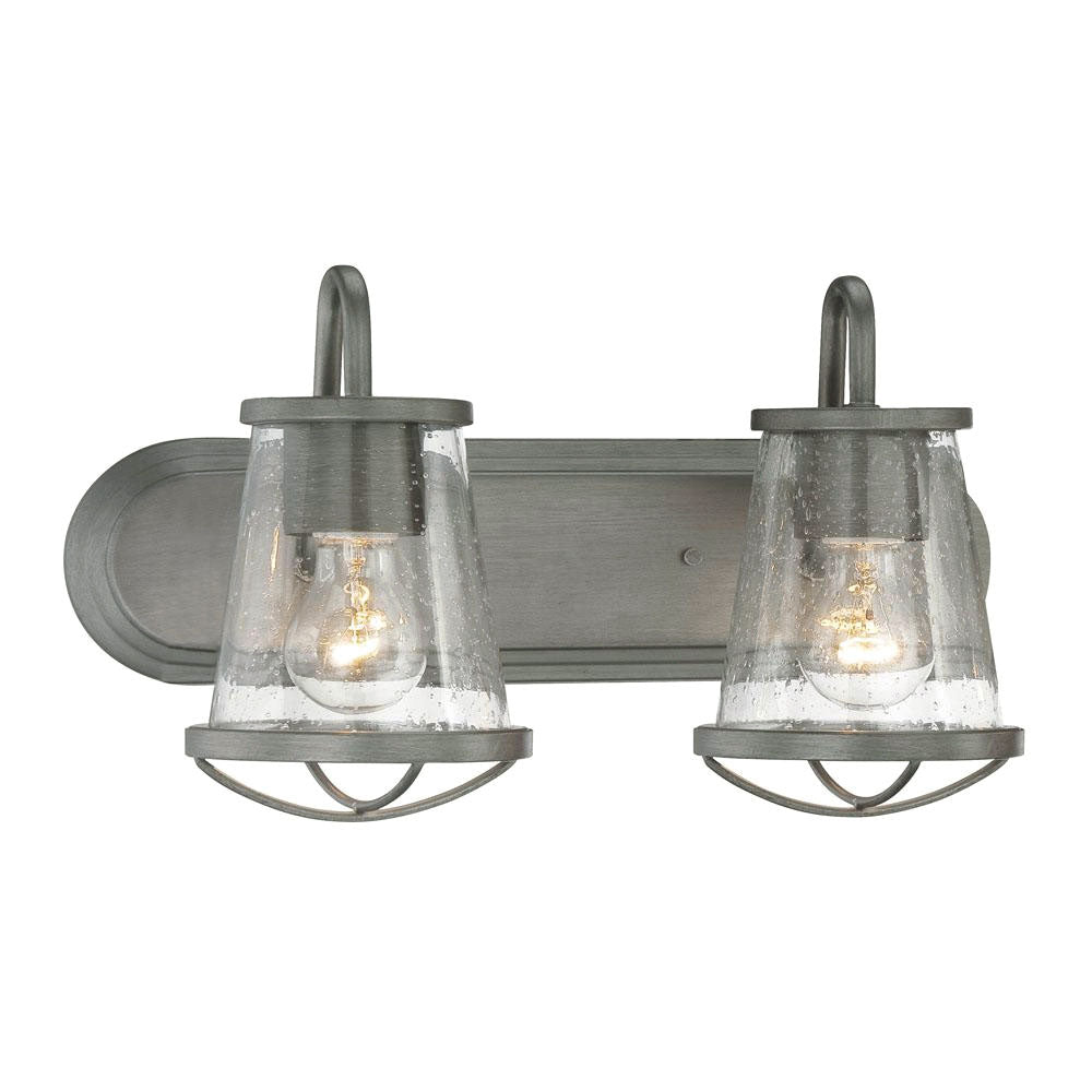 Darby 18 in. 2-Light Weathered Iron Industrial Vanity Light with Clear Seeded Glass Shades