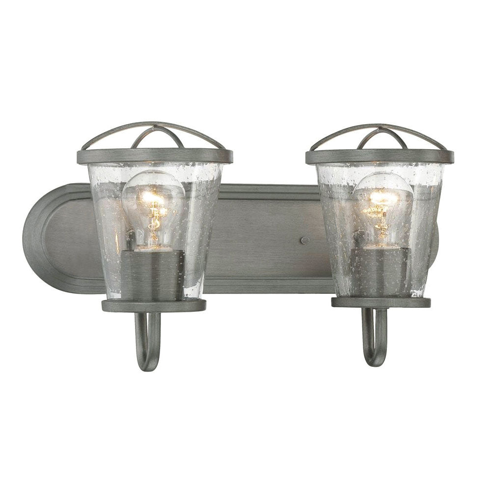 Darby 18 in. 2-Light Weathered Iron Industrial Vanity Light with Clear Seeded Glass Shades