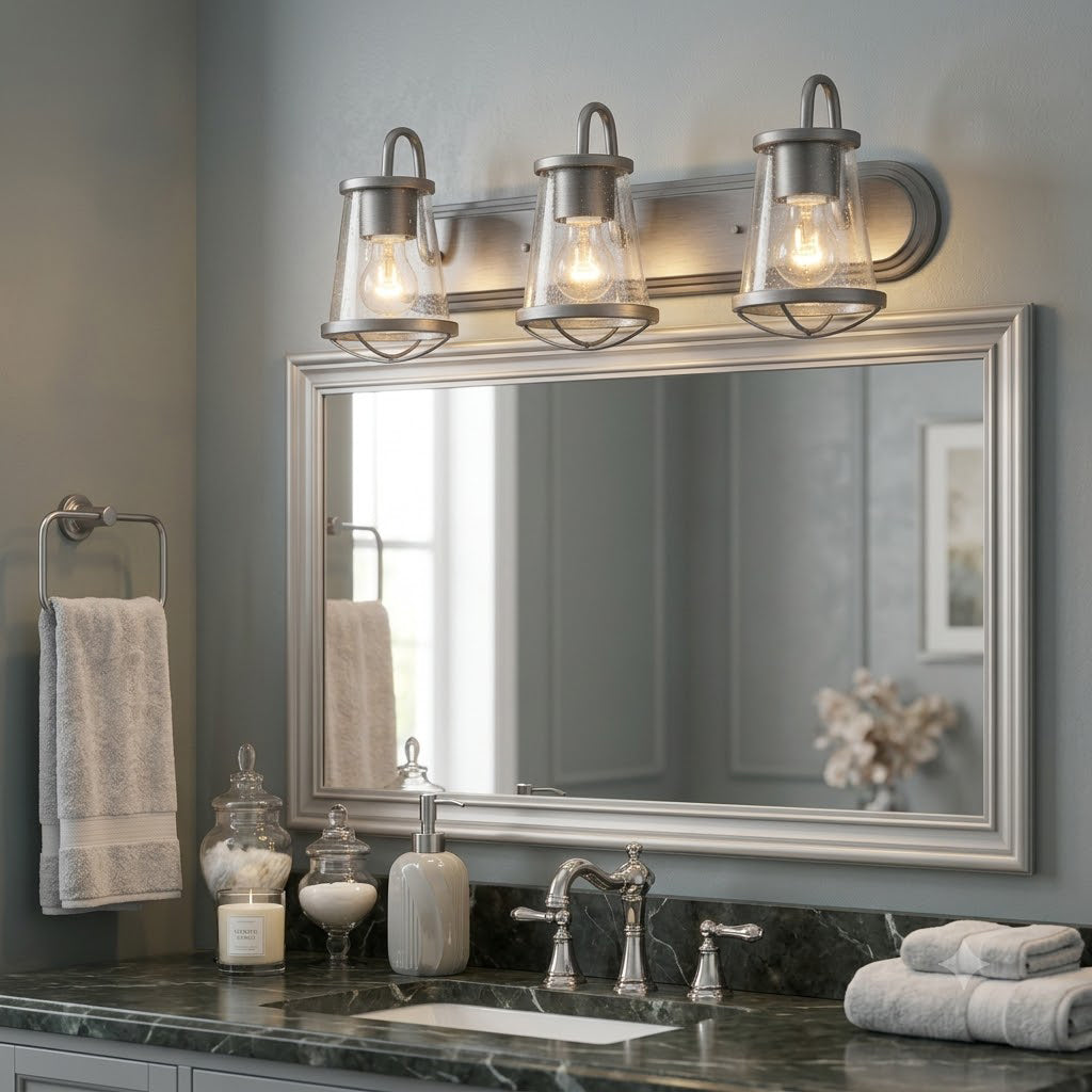 A three-light vanity wall sconce with clear glass lantern-style shades and brushed metal fixtures mounted above a rectangular bathroom mirror. The scene is set in a real bathroom with a dark marble countertop, folded towels, and decorative jars.