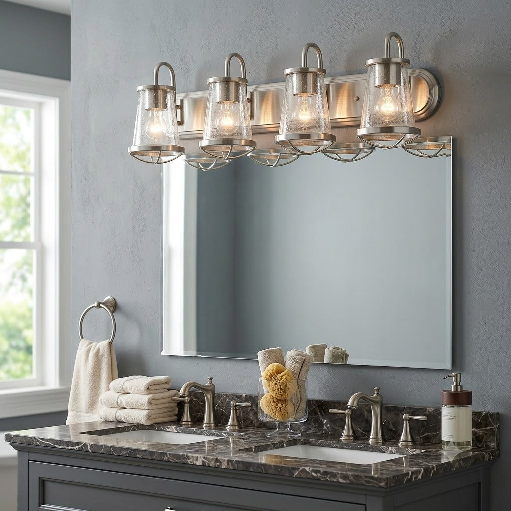 Darby 30 in. 4-Light Industrial Vanity Light with Clear Seeded Glass Shades