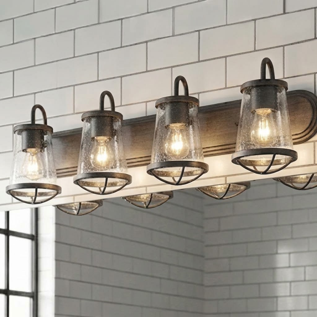 Darby 30 in. 4-Light Industrial Vanity Light with Clear Seeded Glass Shades