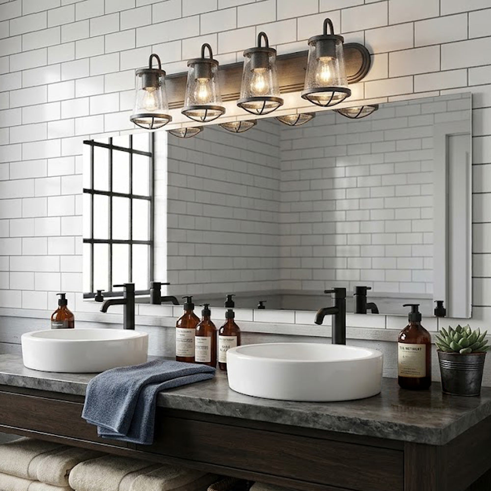 Darby 30 in. 4-Light Industrial Vanity Light with Clear Seeded Glass Shades