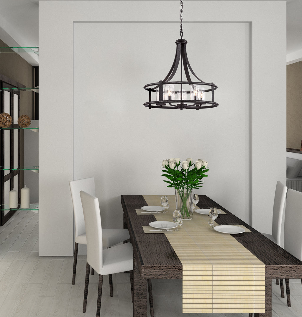 Dining room with a black chandelier, table set for dinner, and white chairs.