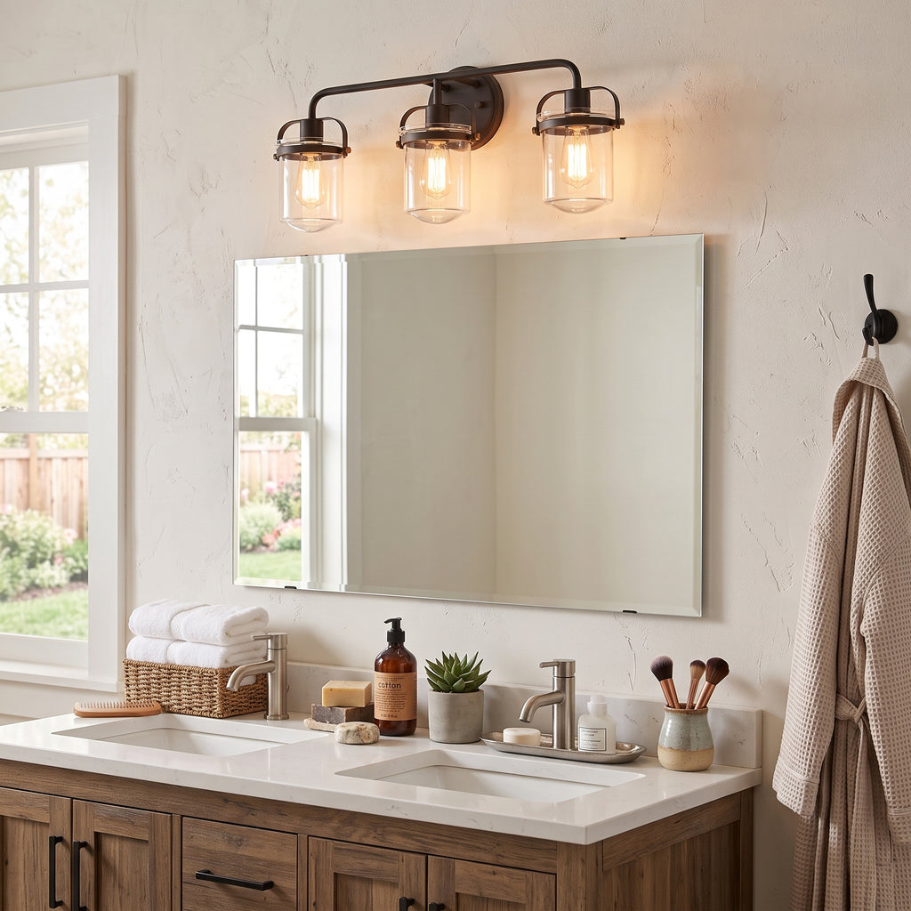 A three-light wall-mounted vanity fixture with clear glass shades and warm Edison bulbs, mounted above a rectangular mirror in a bright bathroom setting.