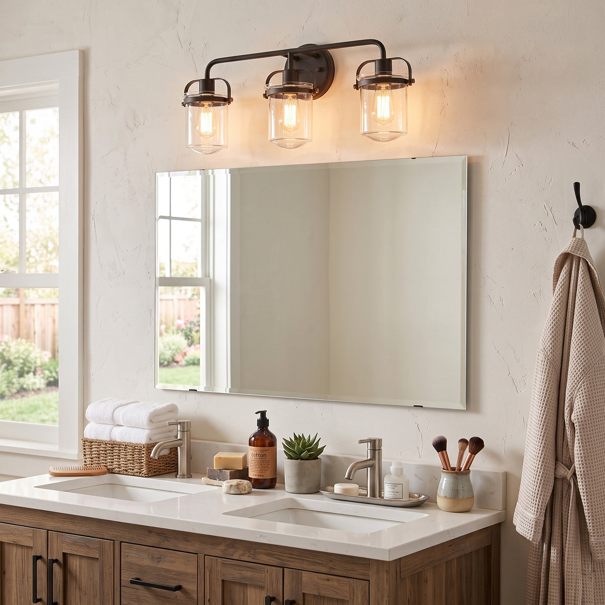 A three-light wall-mounted vanity fixture with clear glass shades and warm Edison bulbs, mounted above a rectangular mirror in a bright bathroom setting.