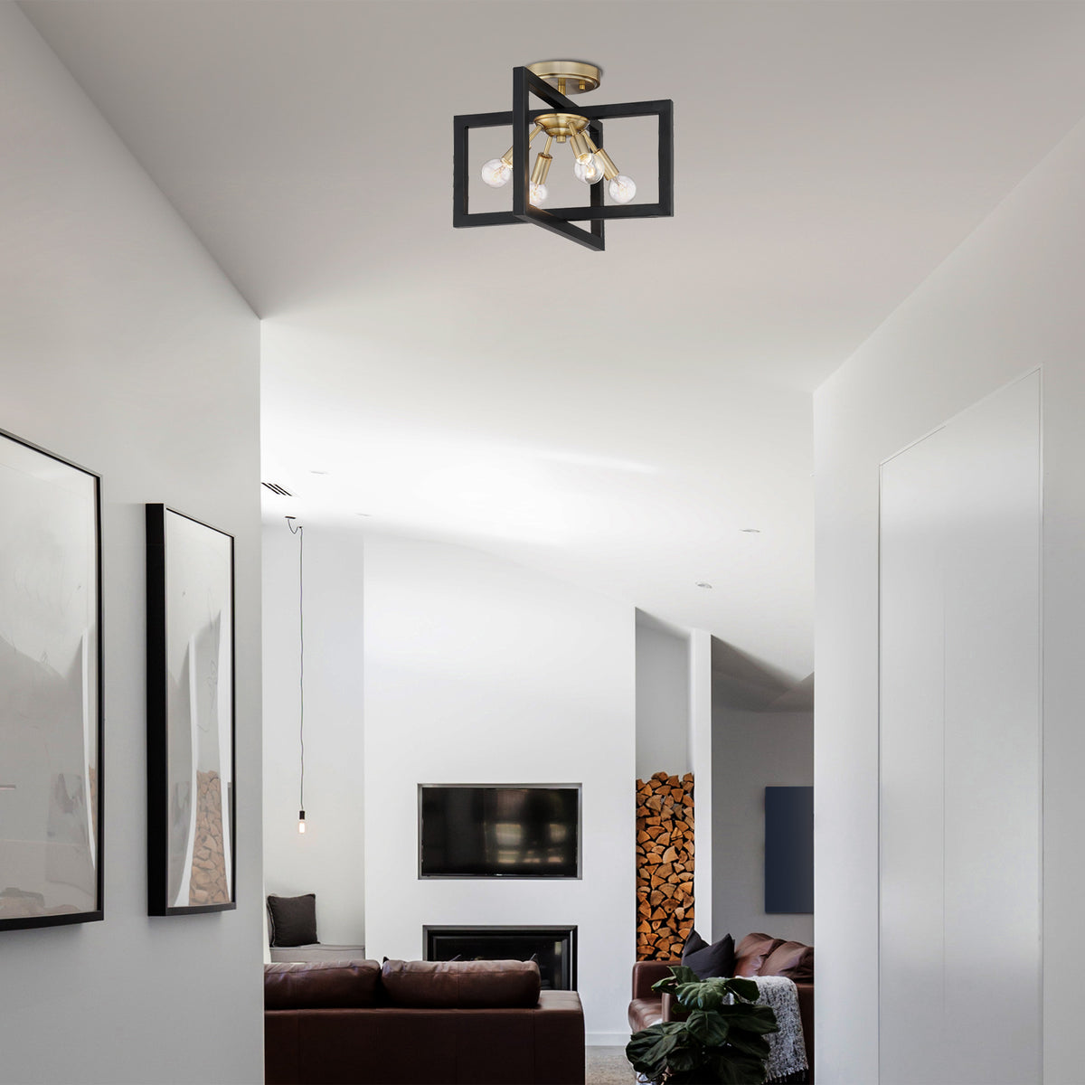 Xander 14.75 in. 4-Light Aged Warm Brass Minimalist Entryway Semi-Flush Mount with No Bulbs Included