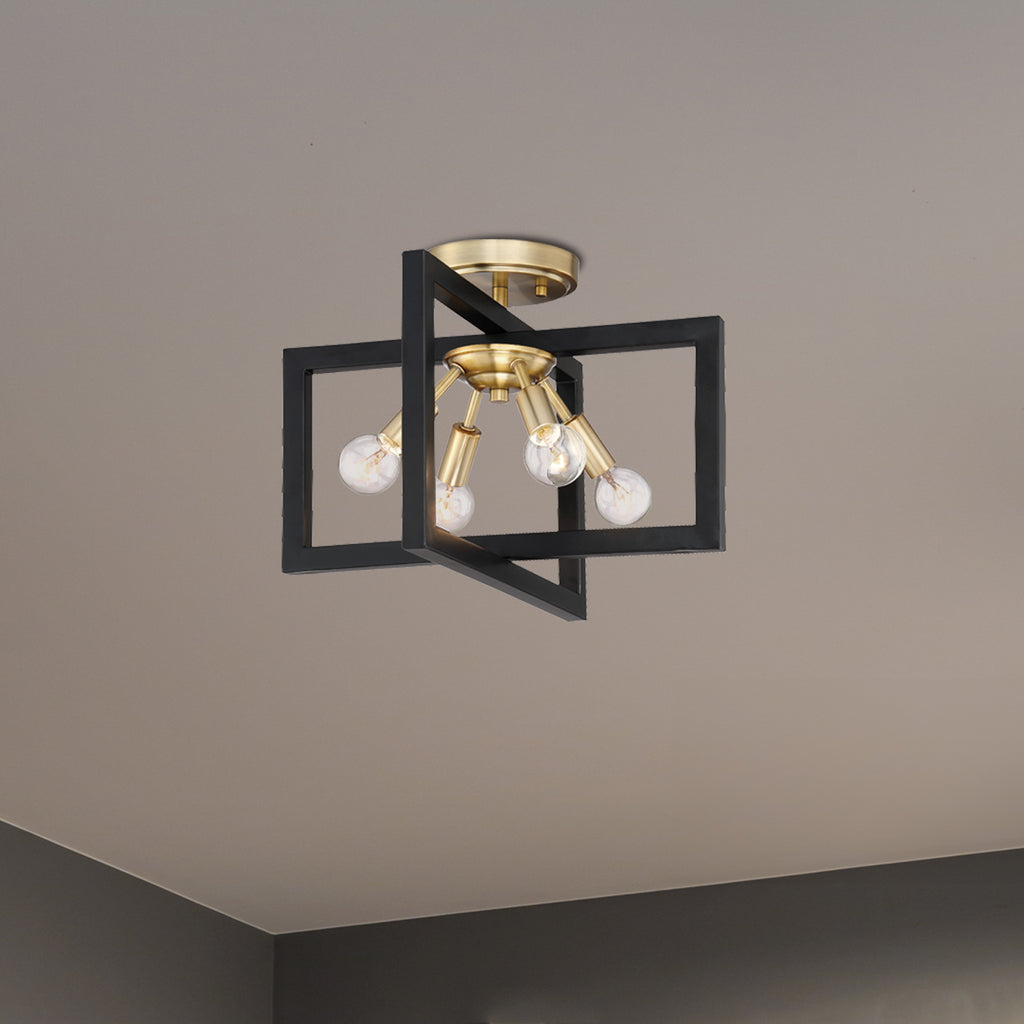 Xander 14.75 in. 4-Light Aged Warm Brass Minimalist Entryway Semi-Flush Mount with No Bulbs Included