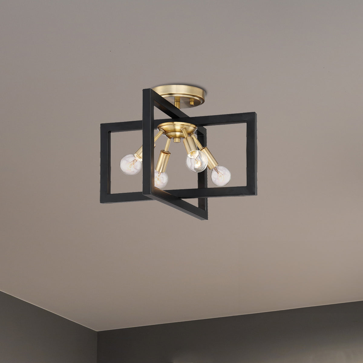 Xander 14.75 in. 4-Light Aged Warm Brass Minimalist Entryway Semi-Flush Mount with No Bulbs Included