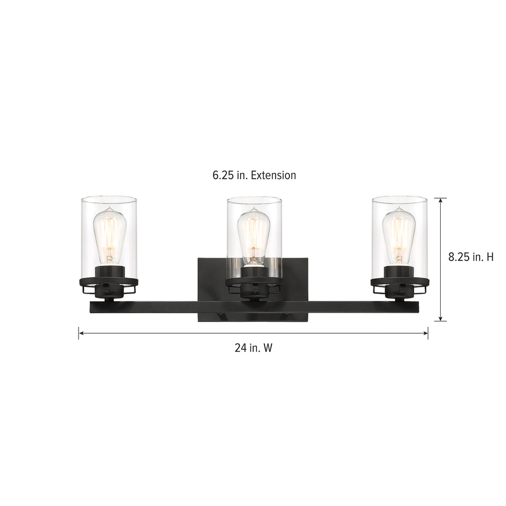 Jedrek 24 in. 3-Light Black Minimalist Vanity Light with Clear Glass Shades for Bathrooms