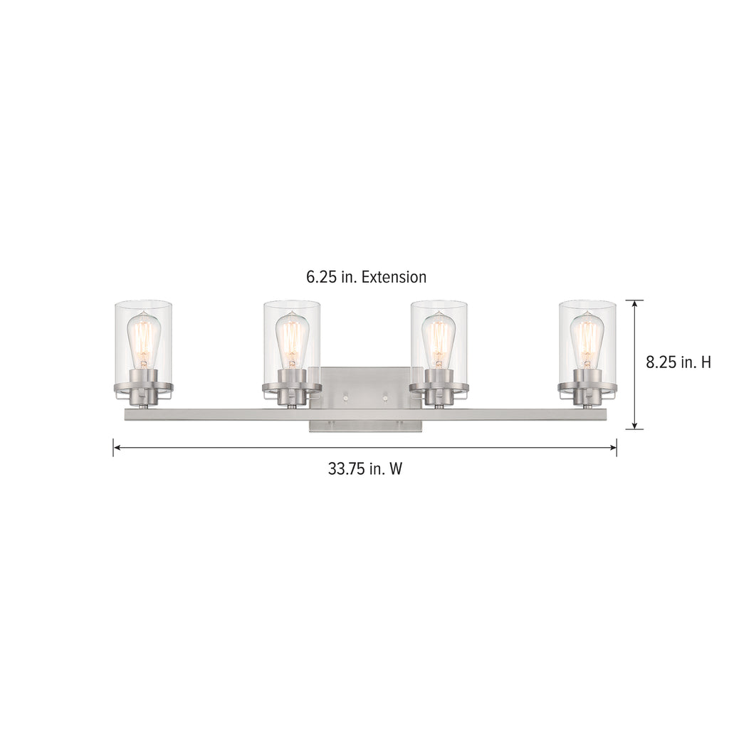 Jedrek 33.75 in. 4-Light Brushed Nickel Minimalist Vanity Light with Clear Glass Shades for Bathrooms