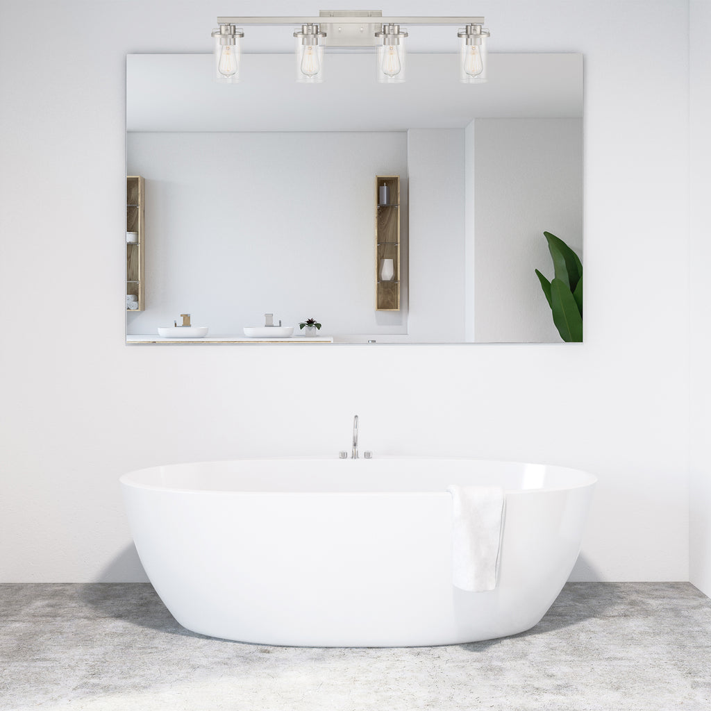 Jedrek 33.75 in. 4-Light Brushed Nickel Minimalist Vanity Light with Clear Glass Shades for Bathrooms