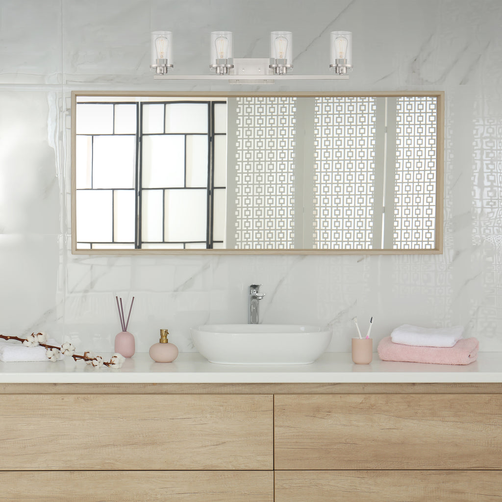 Jedrek 33.75 in. 4-Light Brushed Nickel Minimalist Vanity Light with Clear Glass Shades for Bathrooms