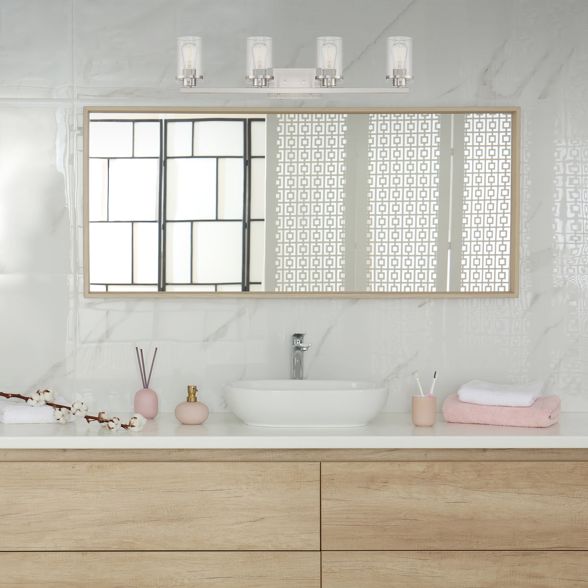 Jedrek 33.75 in. 4-Light Brushed Nickel Minimalist Vanity Light with Clear Glass Shades for Bathrooms