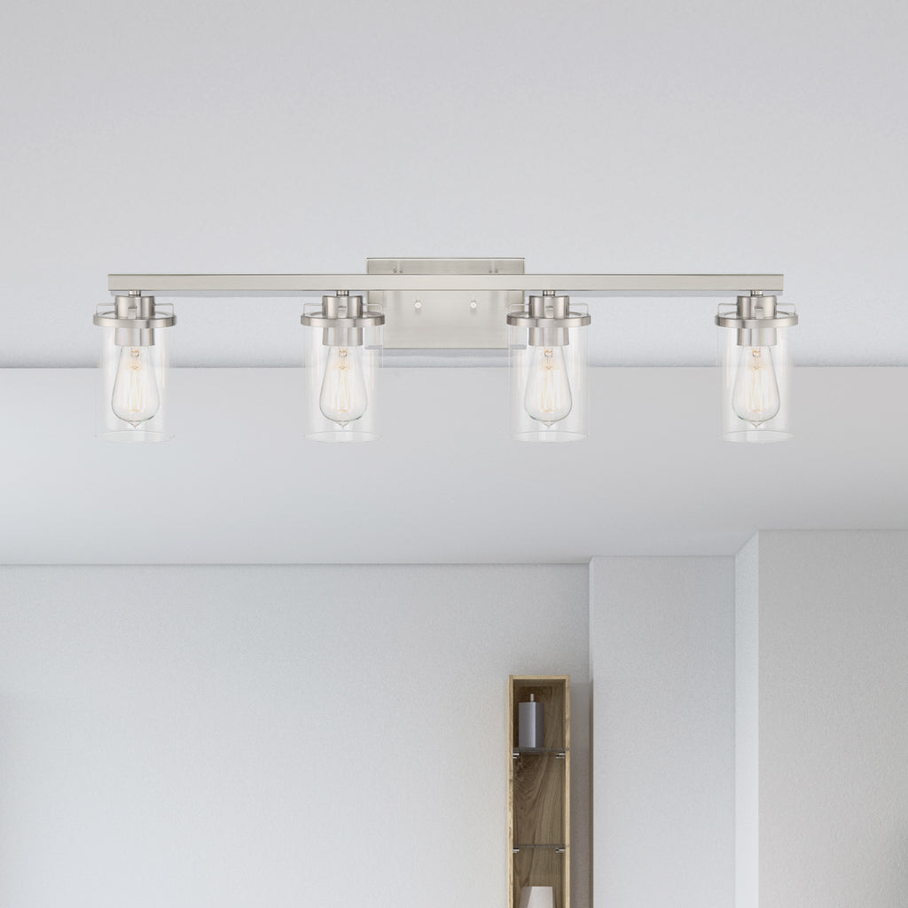 Jedrek 33.75 in. 4-Light Brushed Nickel Minimalist Vanity Light with Clear Glass Shades for Bathrooms