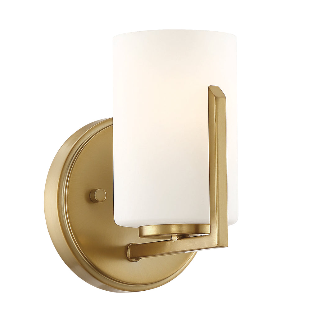 Elara 5.25 in. 1-Light Brushed Gold Retro Wall Sconce with Etched Glass Shade for Living Rooms
