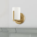 Elara 5.25 in. 1-Light Brushed Gold Retro Wall Sconce with Etched Glass Shade for Living Rooms