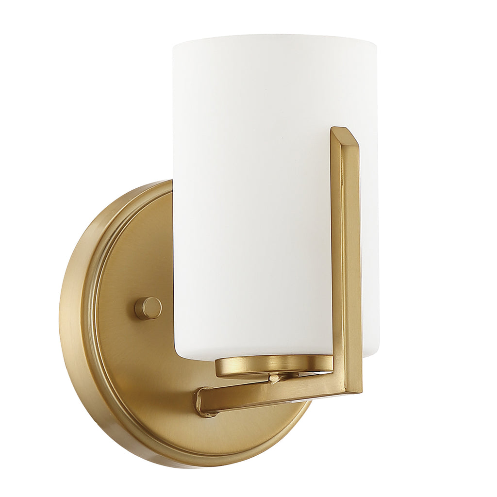 Elara 5.25 in. 1-Light Brushed Gold Retro Wall Sconce with Etched Glass Shade for Living Rooms