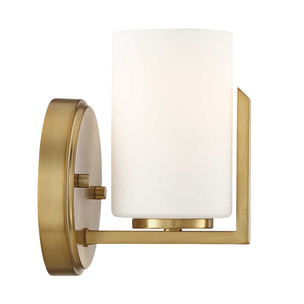 Elara 5.25 in. 1-Light Brushed Gold Retro Wall Sconce with Etched Glass Shade for Living Rooms