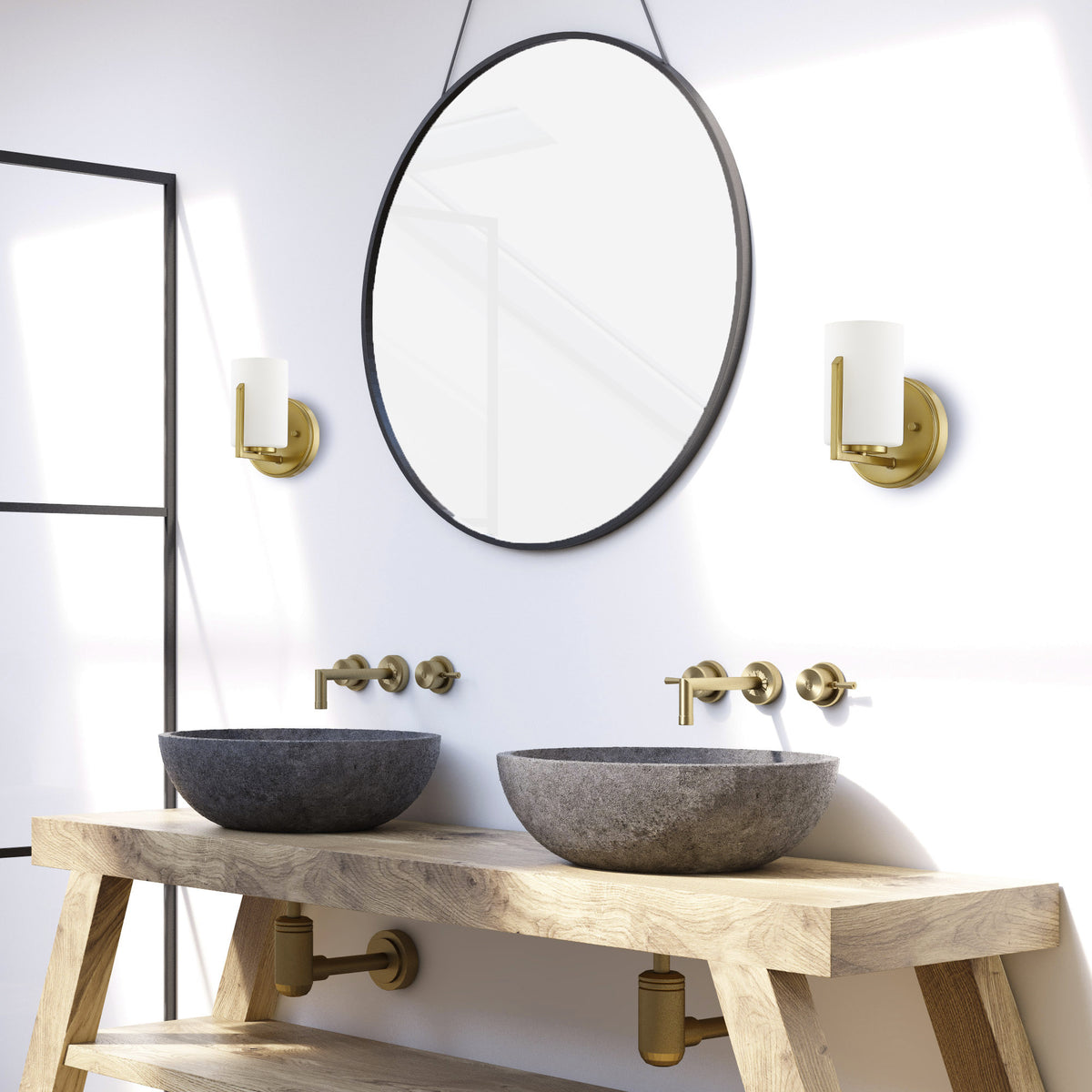 Elara 5.25 in. 1-Light Brushed Gold Retro Wall Sconce with Etched Glass Shade for Living Rooms