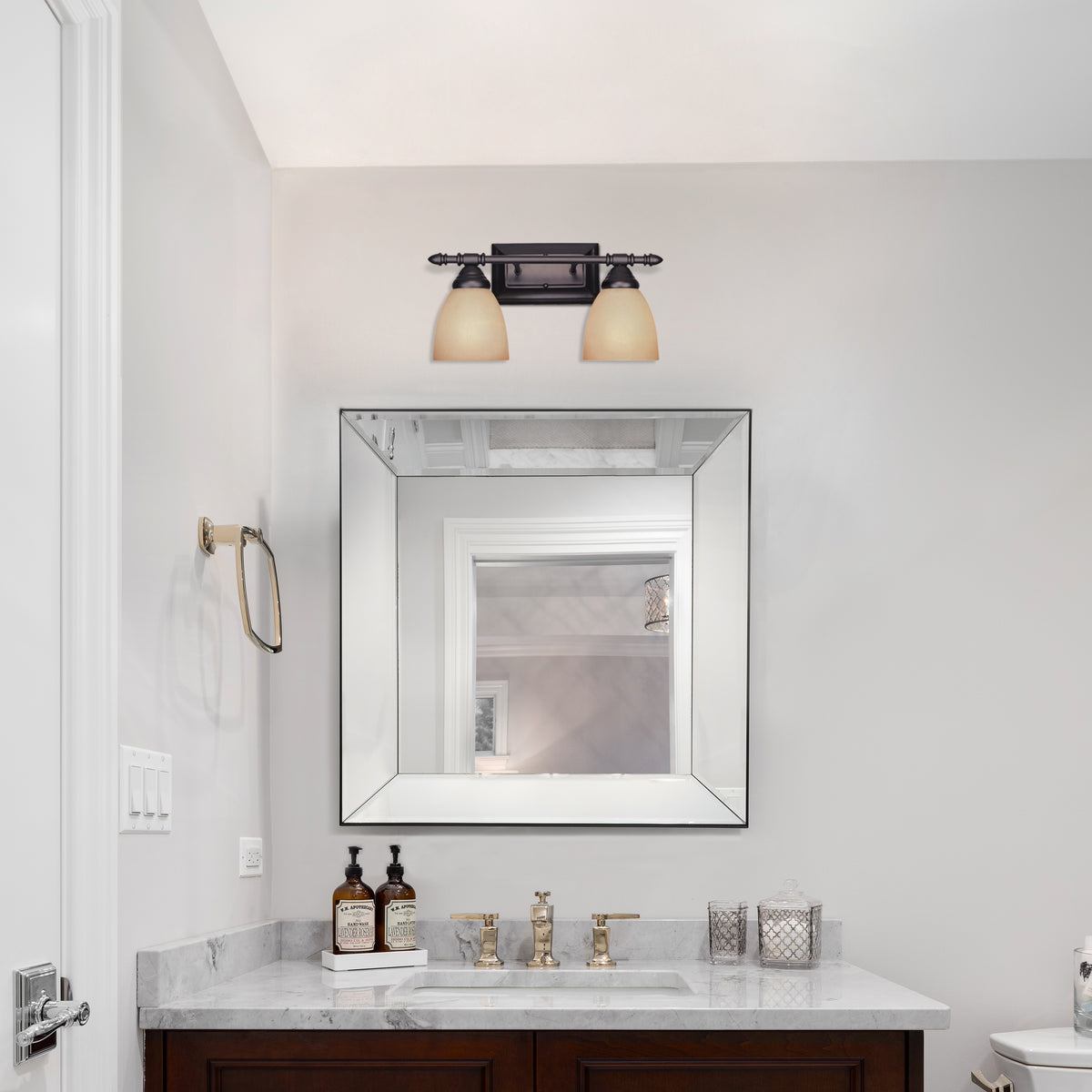 Apollo 15.75 in. 2-Light Oil Rubbed Bronze Modern Vanity Light with Amber Sandstone Glass Shades for Bathrooms