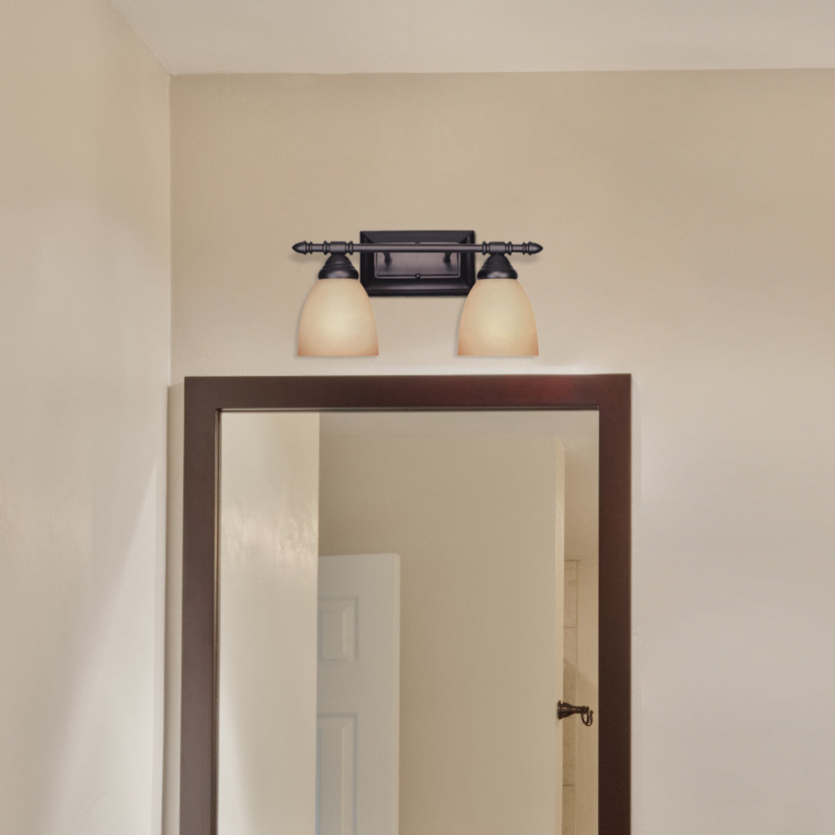 Apollo 15.75 in. 2-Light Oil Rubbed Bronze Modern Vanity Light with Amber Sandstone Glass Shades for Bathrooms