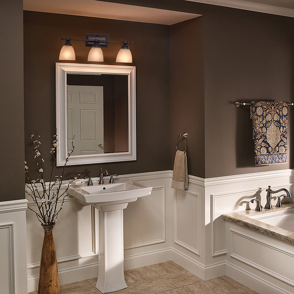 Apollo 23.75 in. 3-Light Oil Rubbed Bronze Modern Vanity Light with Alabaster Glass Shades for Bathrooms