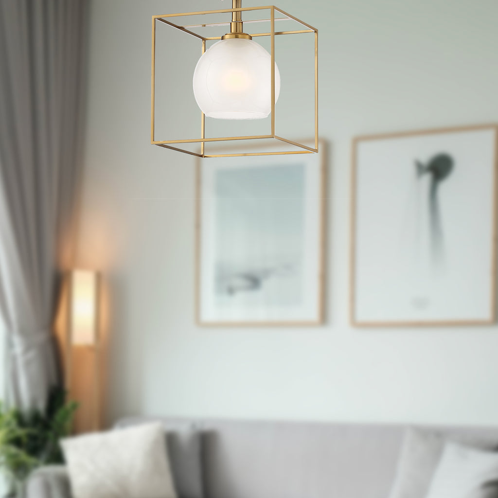 Cowen 10 in. 1-Light Brushed Gold Mid-century Entryway Semi-Flush Mount with Etched Glass Shade