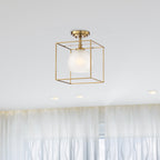 Cowen 10 in. 1-Light Brushed Gold Mid-century Entryway Semi-Flush Mount with Etched Glass Shade