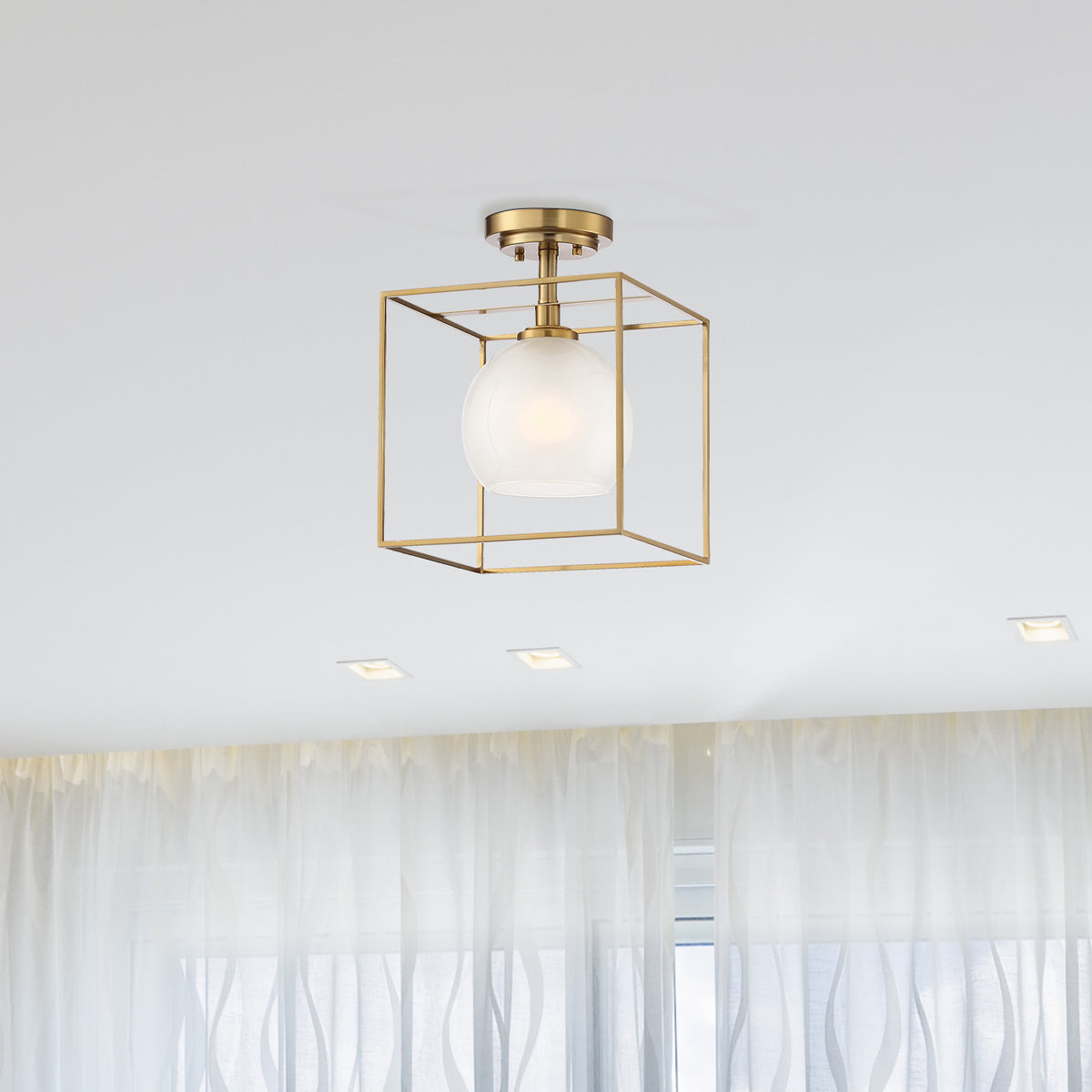 Cowen 10 in. 1-Light Brushed Gold Mid-century Entryway Semi-Flush Mount with Etched Glass Shade