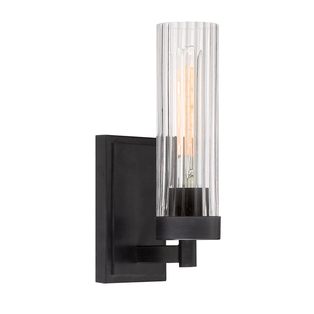 Braden 4.5 in. 1-Light Iron Graphite Modern Wall Sconce with Clear Striated Glass Shade for Living Rooms