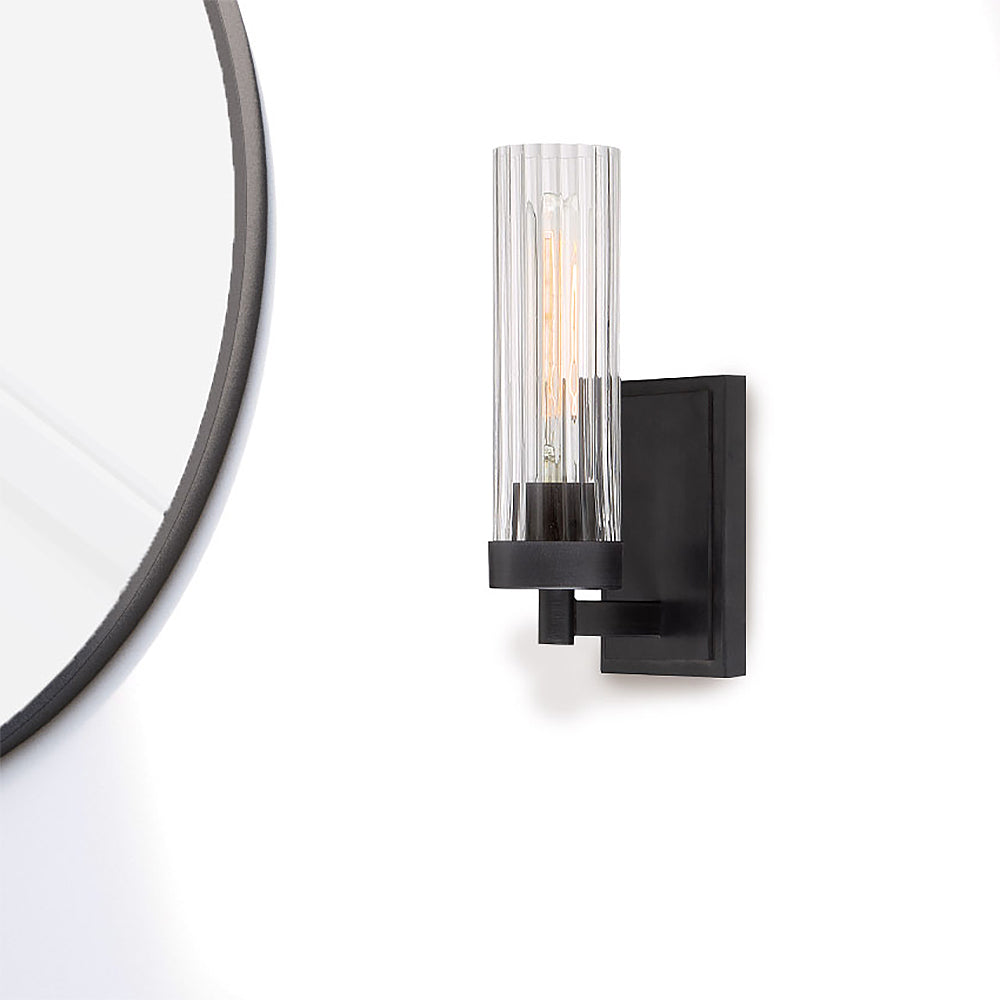 Braden 4.5 in. 1-Light Iron Graphite Modern Wall Sconce with Clear Striated Glass Shade for Living Rooms