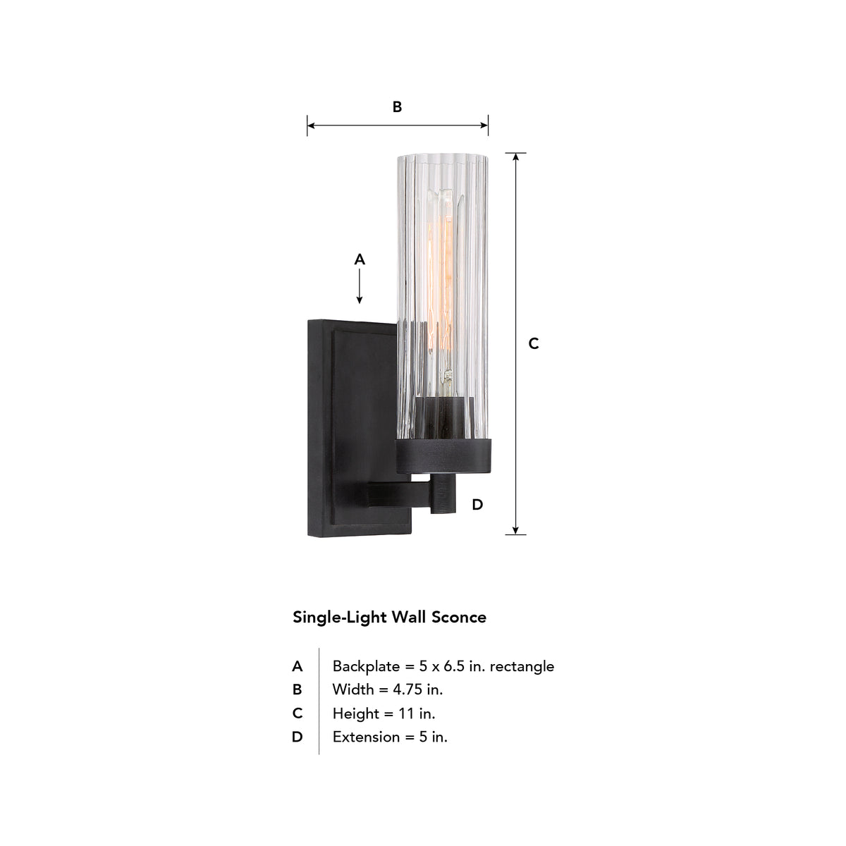 Braden 4.5 in. 1-Light Iron Graphite Modern Wall Sconce with Clear Striated Glass Shade for Living Rooms