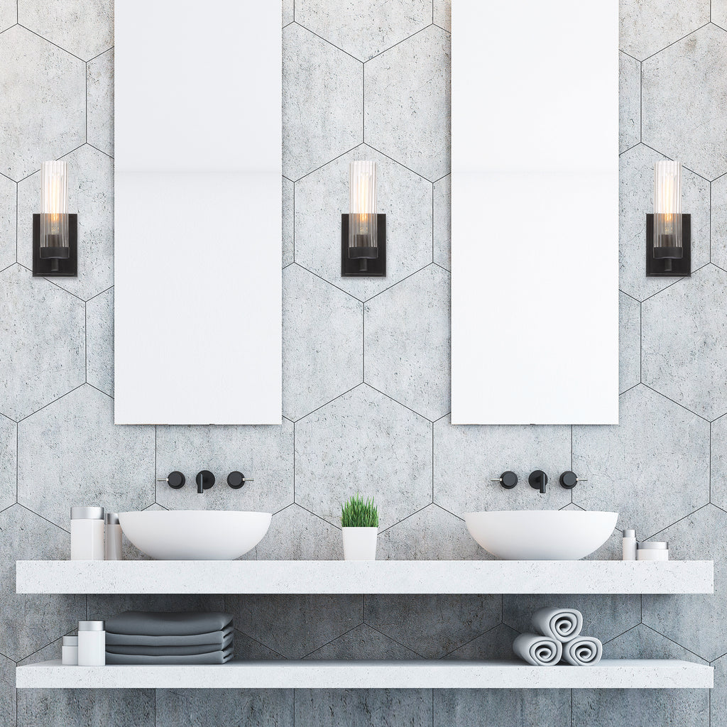 Braden 4.5 in. 1-Light Iron Graphite Modern Wall Sconce with Clear Striated Glass Shade for Living Rooms