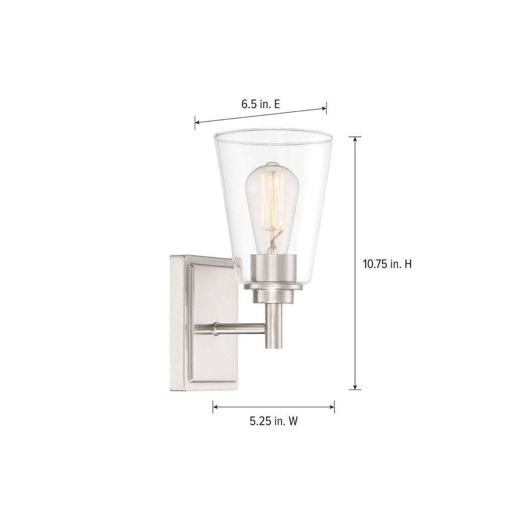 Westin 5.25 in. 1-Light Satin Platinum Industrial Wall Sconce with Clear Glass Shade for Living Rooms