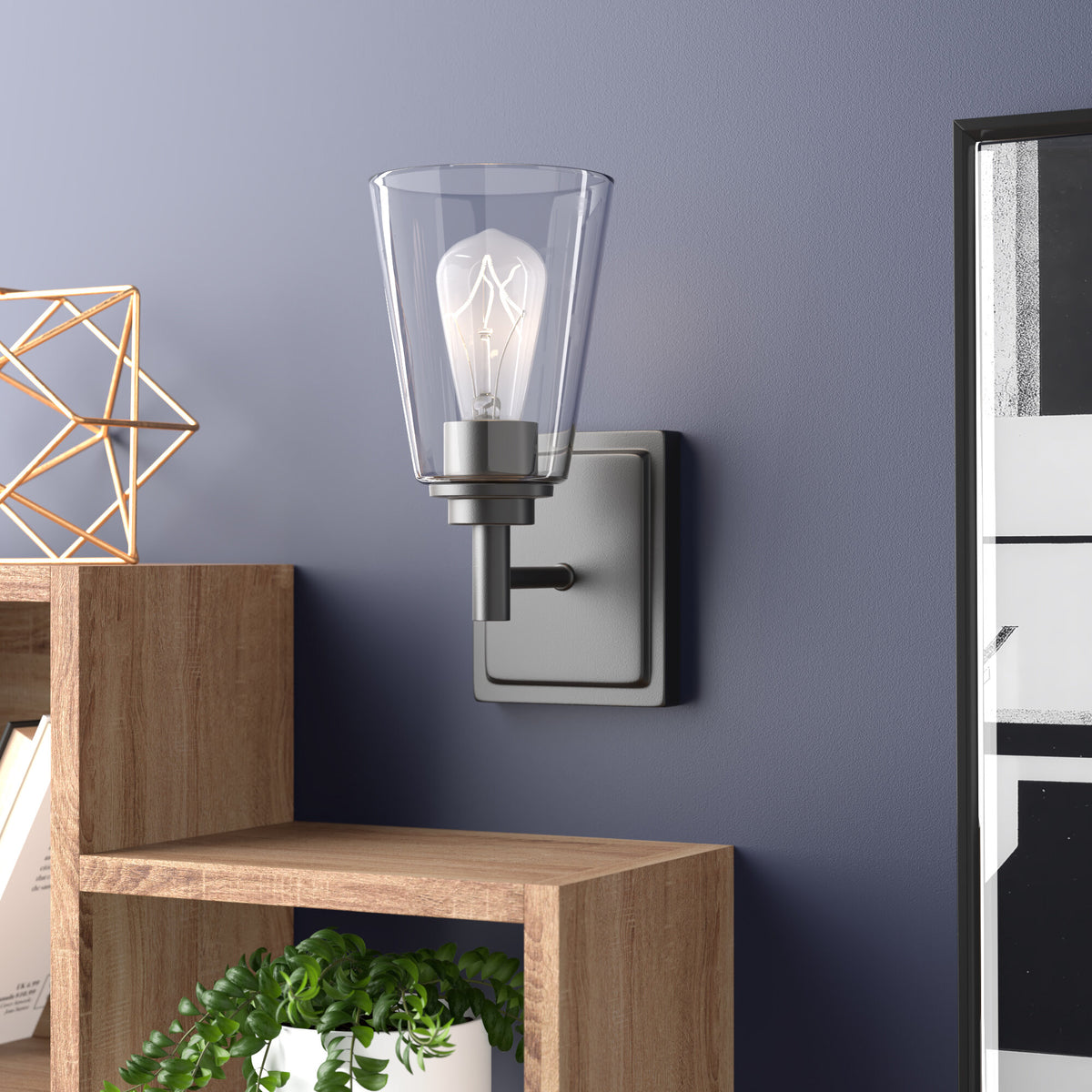 Westin 5.25 in. 1-Light Satin Platinum Industrial Wall Sconce with Clear Glass Shade for Living Rooms