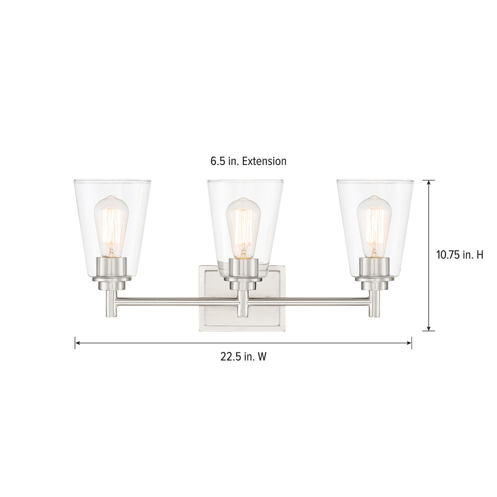 Westin 22.5 in. 3-Light Satin Platinum Industrial Wall Sconce with Clear Glass Shades for Living Rooms