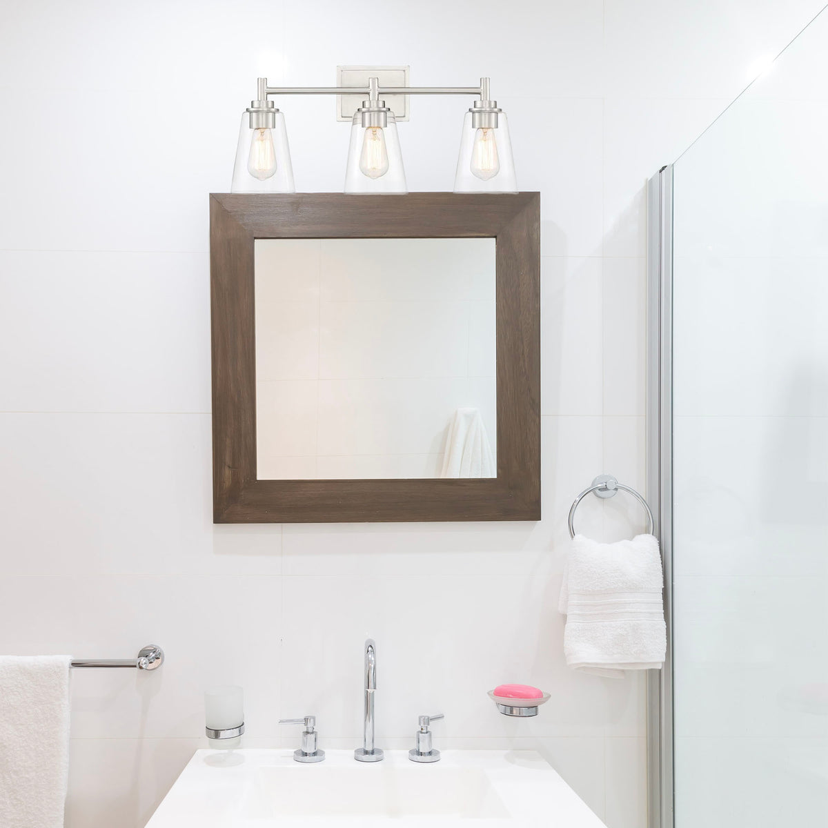 Westin 22.5 in. 3-Light Satin Platinum Industrial Wall Sconce with Clear Glass Shades for Living Rooms