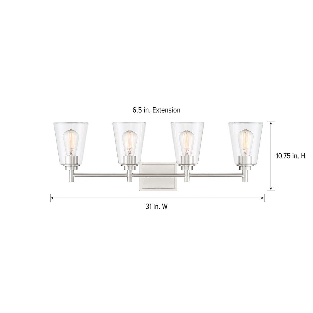 Westin 31 in. 4-Light Satin Platinum Industrial Vanity Light with Clear Glass Shades for Bathrooms